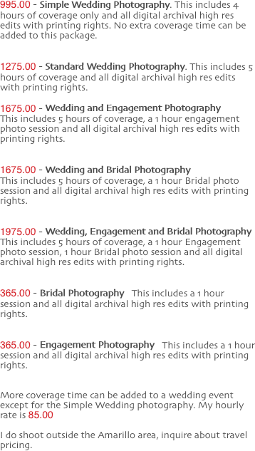 995.00 - Simple Wedding Photography.